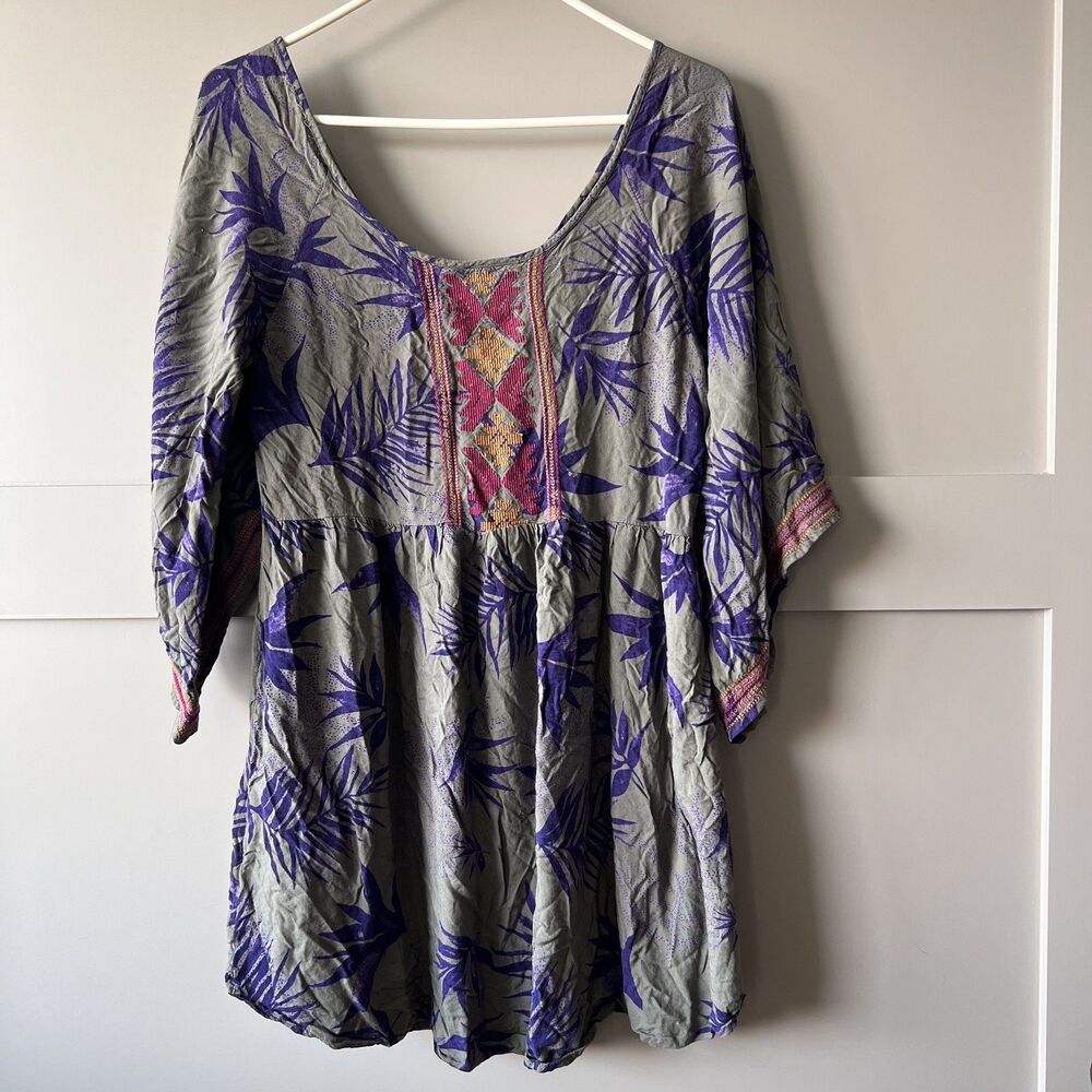 Roxy Tunic Dress Womens Medium‎ Green Purple Leaf Boho Embroidered Festival Top